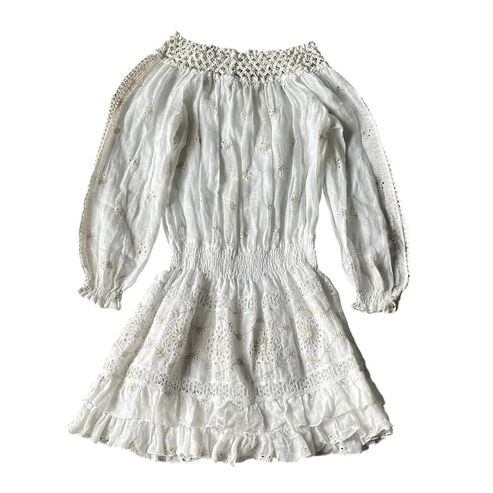 Temptation Positano Irlanda White Smocked‎ Eyelet 100% Linen Mini Dress - Picture 12 of 12